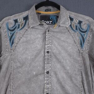 Roar Down To Earth Signature Shirt Mens Large Distressed Gray Embroidered Button